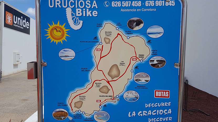 Mapa tras, které můžete na Graciose absolvovat jak na kole, tak v rámci výletů džípem.